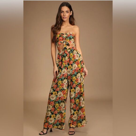 Lulus Spring Garden Black Floral Print Strapless Wide-Leg Jumpsuit - Picture 1 of 5